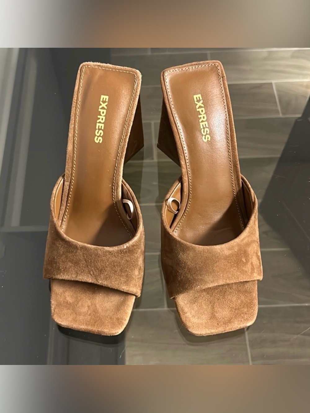 Express Brown Suede Square-Toe Block Heel Mules